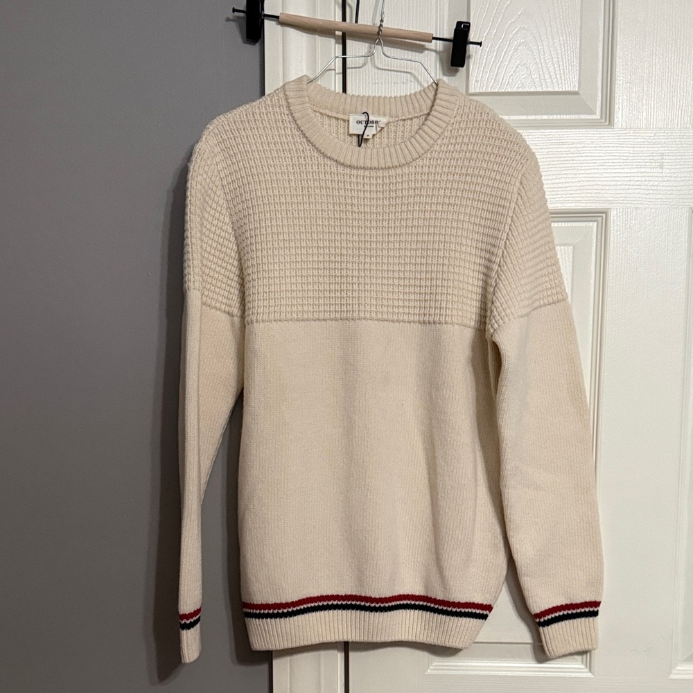 Elegant Cream Crewneck Sweater with Red and Black Trim